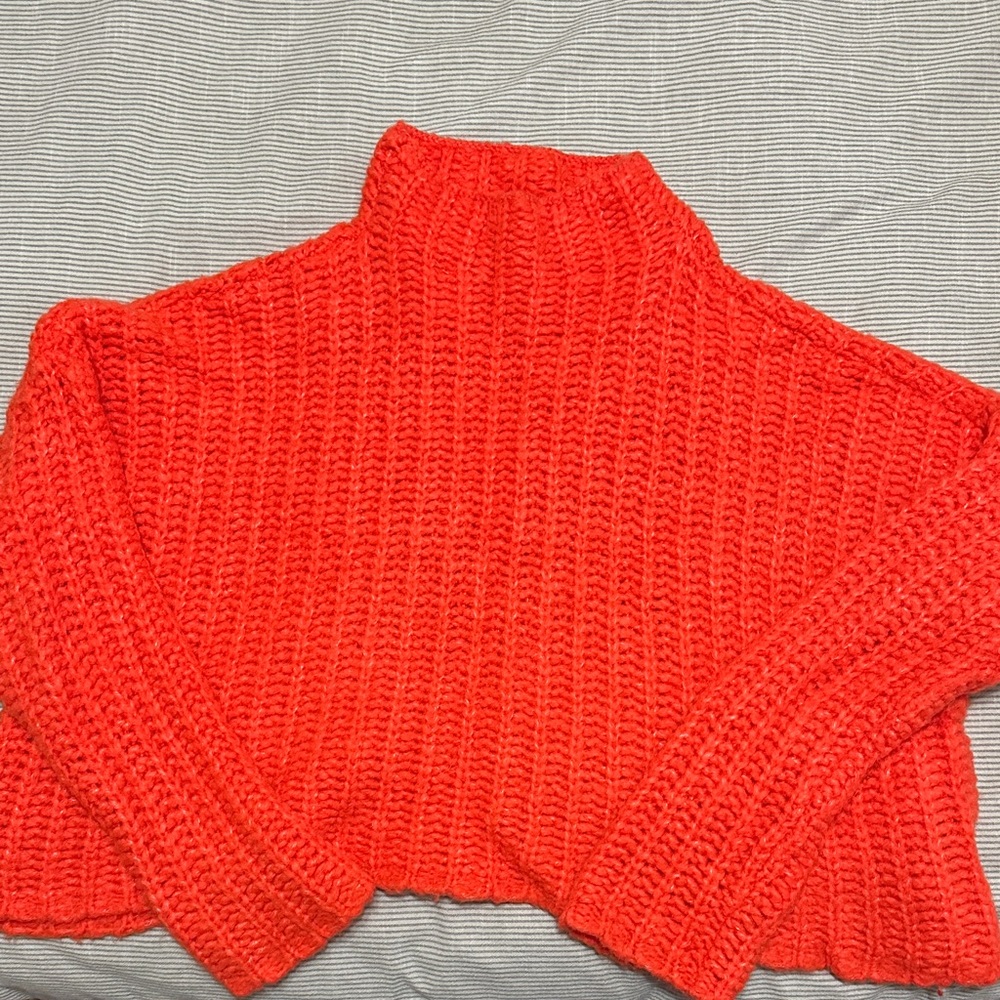 aerie Chunky Cropped Turtleneck Sweater in Bright Red-Orange